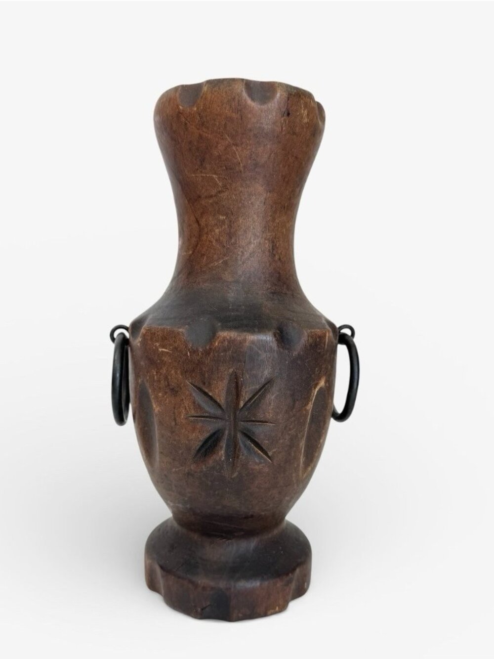 Vintage Carved Wood Vase Hand Turned Metal O Ring Handles Polynesian Tiki Style
